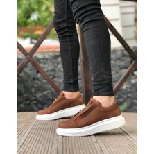 BiMode Taba Cilt Deri, Beyaz Taban Boyu 4.5 Cm, Önden Fermuarlı Sade ve Şık Tasarım Erkek Sneaker