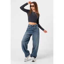 Domoda Toka Detaylı Bol Kesim Geniş Paça Rahat Baggy Jean Kot Salaş Kadın Pantolon @milano