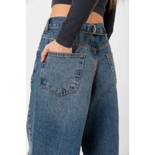 Domoda Toka Detaylı Bol Kesim Geniş Paça Rahat Baggy Jean Kot Salaş Kadın Pantolon @milano