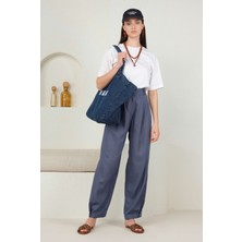 HE-QA Paçası Pileli Keten Pantolon Kot Mavi