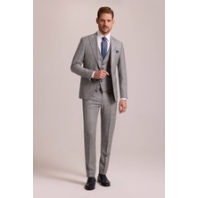 Ysf Erkek Gri Krem Slim Fit Sivri Yaka Yelekli Yün Kareli Takım Elbise