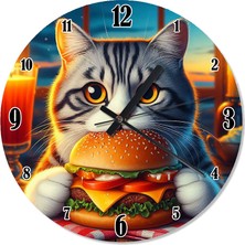 Ekart Hamburger Yiyen Kedi Dekoratif Duvar Saati