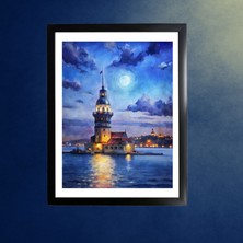 Blue Wall - Istanbul Gece Serisi - Kız Kulesi - Çerçeveli Tasarım Poster Tablo Duvar Sanatı