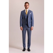 Ysf Erkek Mavi Slim Fit Sivri Yaka Yelekli Yün Takım Elbise