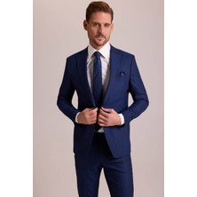 Ysf Erkek Lacivert Slim Fit Sivri Yaka Yelekli Yün Takım Elbise