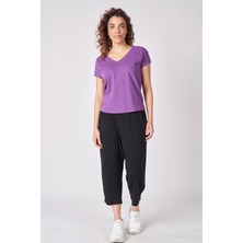 Defy's Kadın V Yaka Kısa Kollu Dokulu Regular Fit Basic Tişört Mor