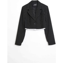 Robin Laura Çizgili Crop Blazer Ceket Siyah