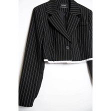 Robin Laura Çizgili Crop Blazer Ceket Siyah