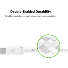 Belkin Usb-C - Usb-C Kablosu, 100 W Güç Dağıtımı Çift Örgülü Naylon Kılıflı Usb-If Sertifikalı 2.0 Şarj Kablosu (2 M) Beyaz