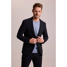 Ysf Erkek Lacivert Çizgili Regular Fit Likralı Mono Yaka Takım Elbise