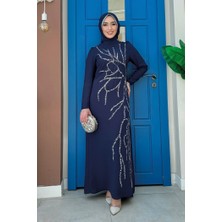 Bym Fashion Taş İşleme Desenli Elbise 3889 Lacivert