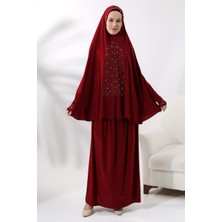 İhvan Iki Parça Incili Taşlı Alt Üst Pratik Namaz Elbisesi 8017 Bordo