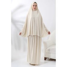 İhvan Iki Parça Incili Taşlı Alt Üst Pratik Namaz Elbisesi 8017 Krem