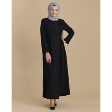 İhvan Siyah Fermuarlı Kruvaze Taşlı Tüylü Tesettür Ferace