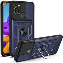 Case 4u Samsung Galaxy A21S Kılıf Ultra Korumalı Yüzüklü Manyetik Sürgülü Vega Kapak Lacivert