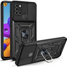 Case 4u Samsung Galaxy A21S Kılıf Ultra Korumalı Yüzüklü Manyetik Sürgülü Vega Kapak Siyah