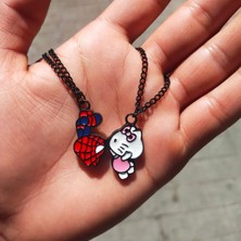 Köstebek Mıknatıslı Hello Kitty ve Spider-Man Siyah Zincir Çift Kolye