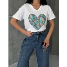 Butik Serdivan Pullu Payet Kadın V Yaka T-Shirt %100 Pamuk