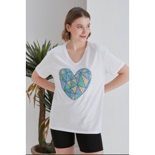 Butik Serdivan Pullu Payet Kadın V Yaka T-Shirt %100 Pamuk