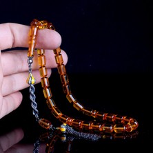 Tesbih Sepetim Kapsül Kesim Çay Rengi Orjinal Damla Kehribar Tesbih 925 Ayar Gümüş Püsküllü