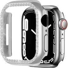 Megafox Teknoloji Gümüş Apple Watch 40 mm Uyumlu Kasa Koruyucu Taşlı Renkli Sert Pc 360 Tam Koruma Ekran Koruyucu Gard