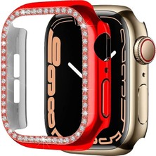 Megafox Teknoloji Kırmızı Apple Watch 42 mm Uyumlu Kasa Koruyucu Taşlı Renkli Sert Pc 360 Tam Koruma Ekran Koruyucu Gard