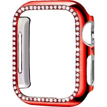Megafox Teknoloji Kırmızı Apple Watch 42 mm Uyumlu Kasa Koruyucu Taşlı Renkli Sert Pc 360 Tam Koruma Ekran Koruyucu Gard