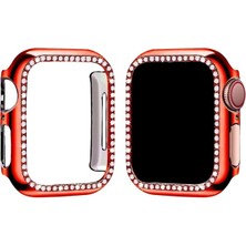 Megafox Teknoloji Kırmızı Apple Watch 42 mm Uyumlu Kasa Koruyucu Taşlı Renkli Sert Pc 360 Tam Koruma Ekran Koruyucu Gard