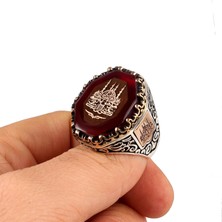 Takı925 925 Ayar Gümüş Cami Motifli Kehribar Taşlı Erkek Yüzük