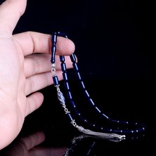 Tesbih Sepetim 925 Ayar Gümüş Püsküllü Kapsül Kesim Mavi Renk Damla Kehribar Tesbih