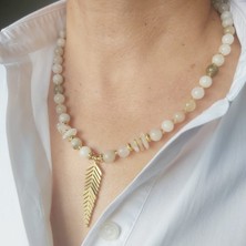 Devi Fashion Doğal Akik ve Ay Taşı Çelik Yaprak Uçlu Kolye