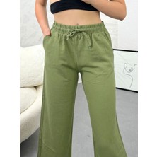 Ozy Fashion Yüksek Bel Beli Lastikli Cepli Flamlı Keten Bol Paça Yazlık Pantolon Ket001