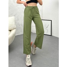 Ozy Fashion Yüksek Bel Beli Lastikli Cepli Flamlı Keten Bol Paça Yazlık Pantolon Ket001