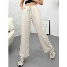Ozy Fashion Yüksek Bel Beli Lastikli Cepli Flamlı Keten Bol Paça Yazlık Pantolon Ket001