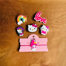 Birikiyedi Hello Kitty 6 Lı Set Crocs Jibbitz Terlik Süsü ve Makrome Örgülü Ayarlamalı Çocuk Bilekliği