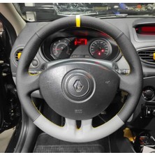 İmza Renault Clio 3 Araca Özel Direksiyon Kılıfı (Düz Gri Sarı Yüzüklü)