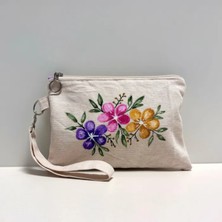 Uretti Çiçek Desenli  El Boyama Kadın Clutch - Krem