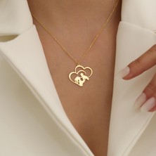 Nox Jewelry 14 Ayar Mikron Altın Kaplama Çift Kalp İçinde Anne ve Bebek Figürlü Gümüş Kolye - CNS00188