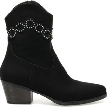 Gdt Ayakkabı Siyah Renk Taş Detaylı Kalın Topuk Kadın Kovboy Bot