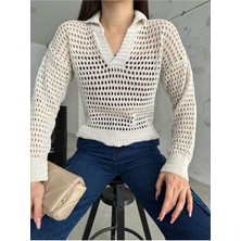 Cistern İstanbul Kadın Krem Polo Yaka Ajurlu Triko Bluz