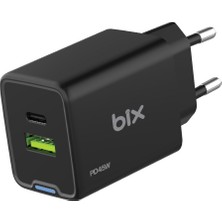 Bix BX2P46G Gan Pd 45W Type-C ve Usb-A Qc 18W Çift Portlu Akım Korumalı Hızlı Şarj Cihazı Siyah