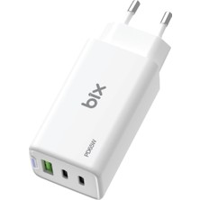 Bix BX3P66G Gan 65W 2*type-C Pd 3.0 ve Usb-A Qc Üç Portlu Hızlı Şarj Cihazı Beyaz