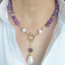 Devi Fashion Doğal Mor Taşlı ve Gerçek Incili Özel Tasarım Kolye