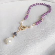 Devi Fashion Doğal Mor Taşlı ve Gerçek Incili Özel Tasarım Kolye
