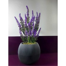 Ddpest Hn- Gri Saksıda Yapay Çiçek Mor Lavanta Demeti Taş Yosunlu Mini Saksı Aranjman 25 cm