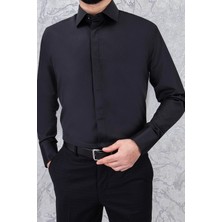 Paco Romano Erkek Slim Fit Uzun Kol Duble Manşet 6 Drop Siyah Gömlek