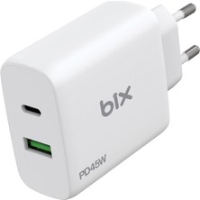 Bix BX2P45G Gan Pd 45W Type-C ve Usb-A Qc Pps Çift Portlu Akım Korumalı Hızlı Şarj Cihazı Beyaz iPhone Samsung Laptop Tablet Akıllı Saat ve Daha Fazlasıyla Uyumlu