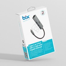 Bix BXC06HB Type-C'den 3 Bağlantı Noktalı Gigabit Ethernet USB 3.2 Hub