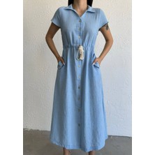 Butik Serdivan Butikserdivan Kadın  Elbise Mavi Düğmeli Elbise Trend