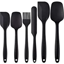 Tilbe Home 6'lı Silikon Fırça Spatula Servis Takımı Yanmaz Yapışmaz Siyah Renkli Set Yağ Fırçası + Büyük Kaşık + Küçük Kaşık + Büyük Spatula + Küçük Spatula + Kavanoz Spatula Premium Silikon Mutfak Seti